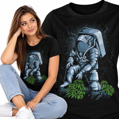 DAMSKA ŚMIESZNA KOSZULKA ASTRONAUT CANNABIS